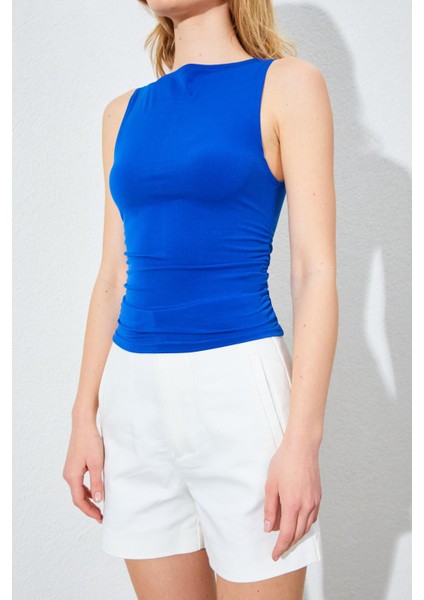 Kadın Saks Kayık Yaka Yanları Büzgülü Sandy Bluz indirimleri