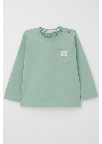 Erkek Bebek Uzun Kollu Tişört Cep Detaylı Cool Yazı Armalı 9 Ay-3 Yaş, Su Yeşili