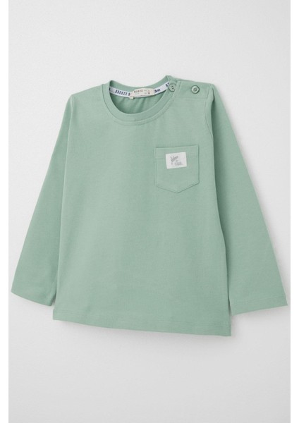 Erkek Bebek Uzun Kollu Tişört Cep Detaylı Cool Yazı Armalı 9 Ay-3 Yaş, Su Yeşili modelleri