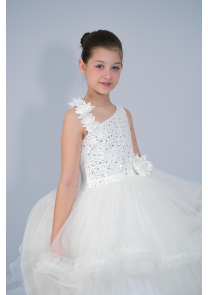 Kız Çocuk Askılı Beyaz Kat Kat Eteklı Kuyruklu Bonbuk Işlemeli Abiye 3-12 Yaş fiyatları