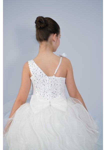 Kız Çocuk Askılı Beyaz Kat Kat Eteklı Kuyruklu Bonbuk Işlemeli Abiye 3-12 Yaş fırsatları