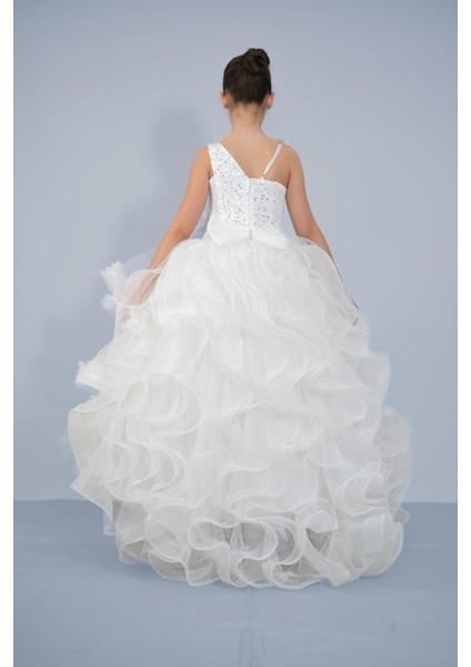 Kız Çocuk Askılı Beyaz Kat Kat Eteklı Kuyruklu Bonbuk Işlemeli Abiye 3-12 Yaş indirimleri