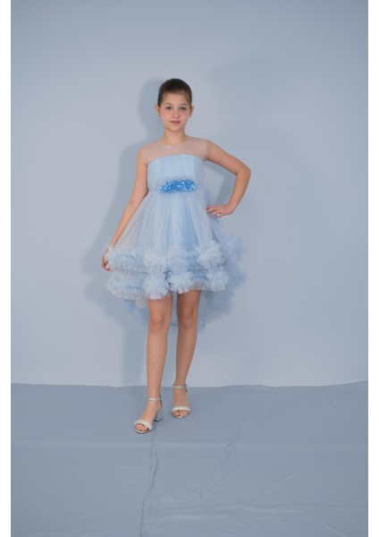 Kız Çocuk Abiye Mavi Etekleri Fırfırlı Kuyruklu Beli Çiçekli Abiye 6-10 Yaş