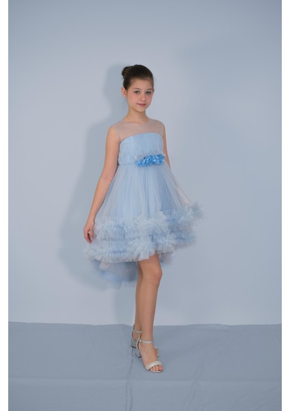 Kız Çocuk Abiye Mavi Etekleri Fırfırlı Kuyruklu Beli Çiçekli Abiye 6-10 Yaş fiyatları