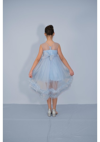 Kız Çocuk Abiye Mavi Etekleri Fırfırlı Kuyruklu Beli Çiçekli Abiye 6-10 Yaş modelleri