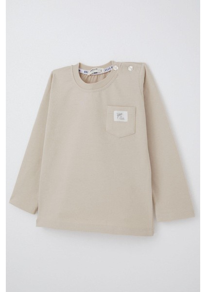 Erkek Bebek Uzun Kollu Tişört Cep Detaylı Cool Yazı Armalı 9 Ay-3 Yaş, Bej modelleri