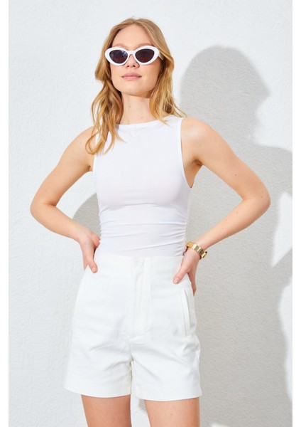 Kadın Ekru Kayık Yaka Yanları Büzgülü Sandy Bluz