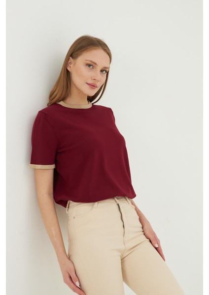 Kadın Bisiklet Yaka Renkli Biyeli Kısa Kol Triko Bluz 2105