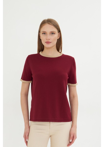 Kadın Bisiklet Yaka Renkli Biyeli Kısa Kol Triko Bluz 2105 fiyatları