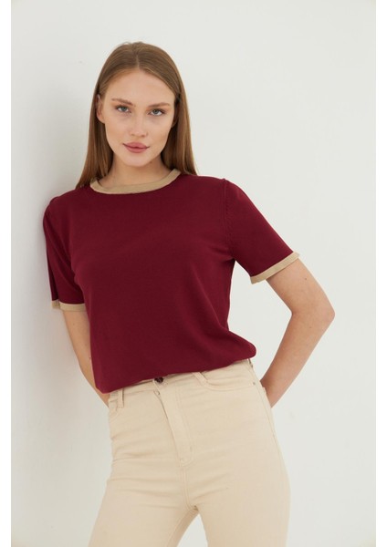 Kadın Bisiklet Yaka Renkli Biyeli Kısa Kol Triko Bluz 2105 modelleri