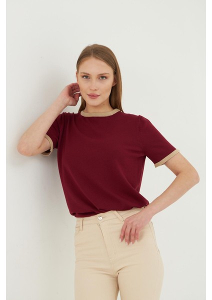 Kadın Bisiklet Yaka Renkli Biyeli Kısa Kol Triko Bluz 2105 indirimleri