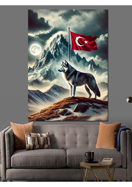 Kurt ve Türk Bayrağı Dekoratif Kanvas - Mdf Ahşap Tablo