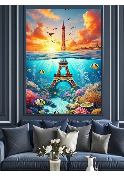 Eyfel Kulesi ve Deniz Dekoratif Kanvas - Mdf Ahşap Tablo