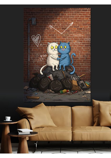 Duvar Grafitili Kediler Dekoratif Kanvas - Mdf Ahşap Tablo