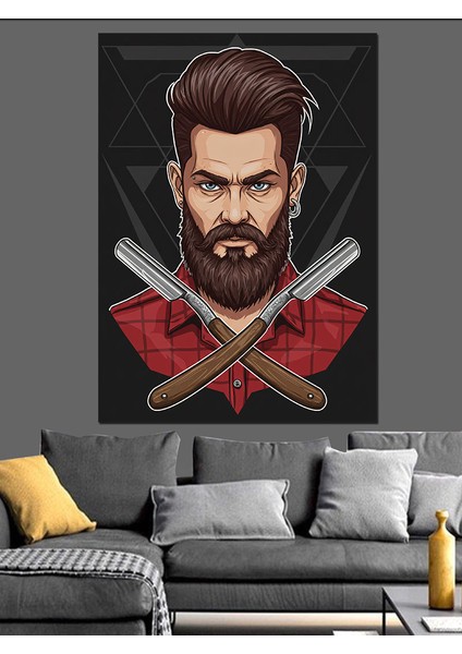 Berber ve Çapraz Bıçak Figürü Dekoratif Kanvas - Mdf Ahşap Tablo