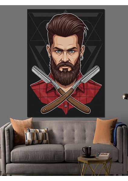 Berber ve Çapraz Bıçak Figürü Dekoratif Kanvas - Mdf Ahşap Tablo fiyatları