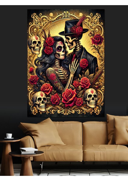 Şeker Kafatası ve Güller Dekoratif Kanvas - Mdf Ahşap Tablo