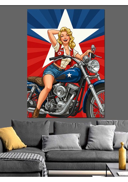 Vintage Motosiklet Kadını Dekoratif Kanvas - Mdf Ahşap Tablo