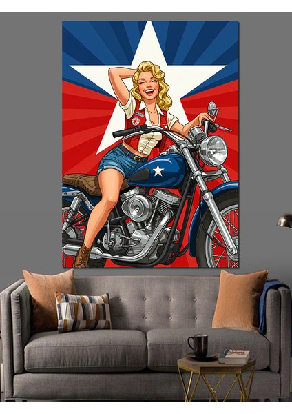 Vintage Motosiklet Kadını Dekoratif Kanvas - Mdf Ahşap Tablo fiyatları
