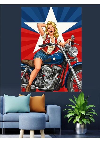 Vintage Motosiklet Kadını Dekoratif Kanvas - Mdf Ahşap Tablo modelleri