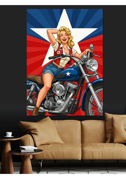 Vintage Motosiklet Kadını Dekoratif Kanvas - Mdf Ahşap Tablo fırsatları