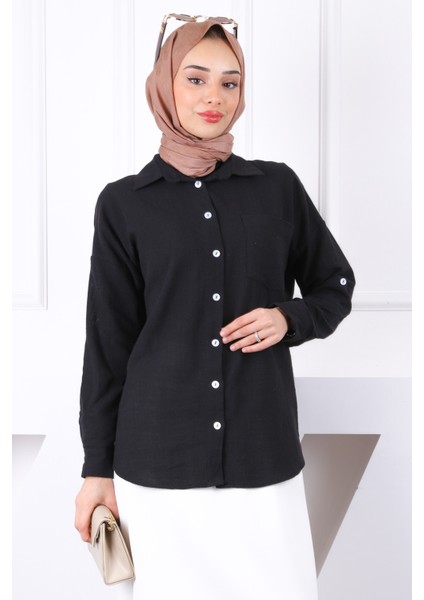 Siyah Kolu Katlı Düğmeli Keten Gömlek