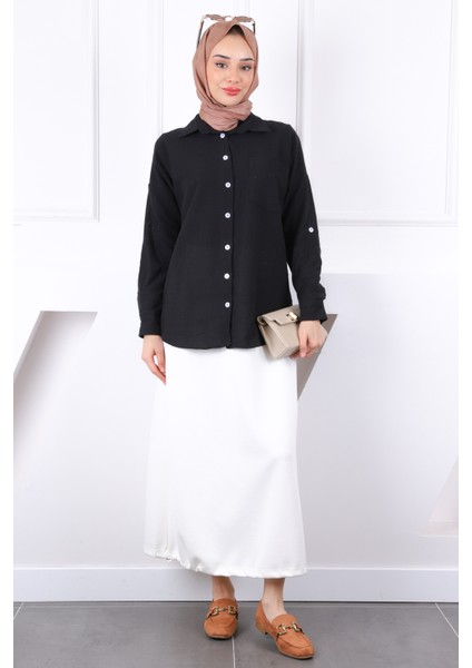 Siyah Kolu Katlı Düğmeli Keten Gömlek fiyatları