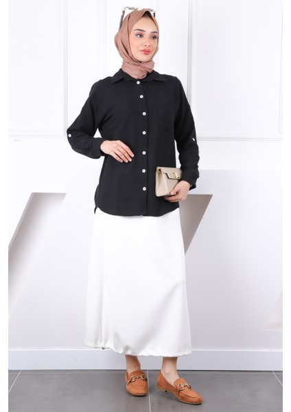 Siyah Kolu Katlı Düğmeli Keten Gömlek modelleri