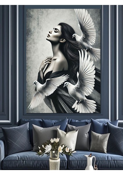 Güvercinlerle Kadın Portresi Dekoratif Kanvas - Mdf Ahşap Tablo