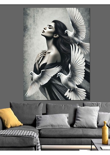 Güvercinlerle Kadın Portresi Dekoratif Kanvas - Mdf Ahşap Tablo fiyatları