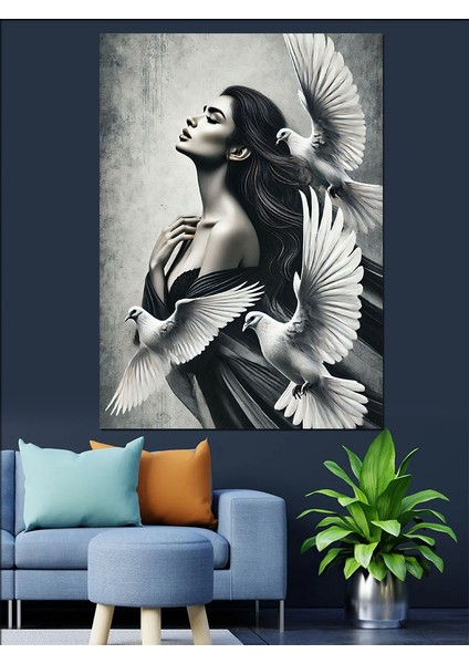Güvercinlerle Kadın Portresi Dekoratif Kanvas - Mdf Ahşap Tablo fırsatları