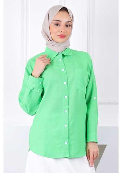 Neon Yeşili Kolu Katlı Düğmeli Keten Gömlek