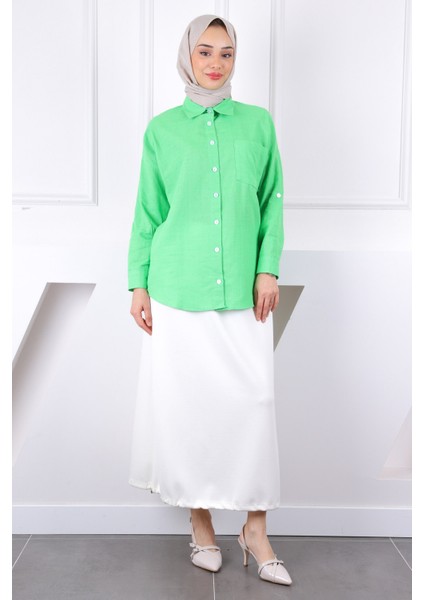 Neon Yeşili Kolu Katlı Düğmeli Keten Gömlek fiyatları
