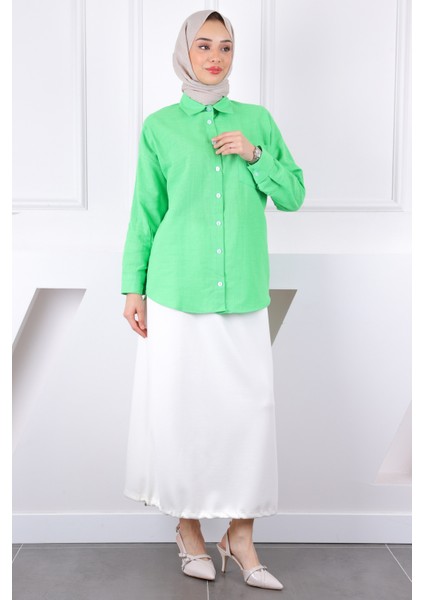 Neon Yeşili Kolu Katlı Düğmeli Keten Gömlek modelleri