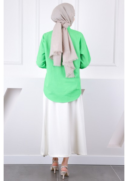 Neon Yeşili Kolu Katlı Düğmeli Keten Gömlek fırsatları