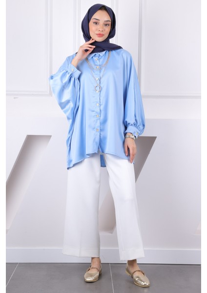Bebe Mavi Kolyeli Oversize Saten Gömlek