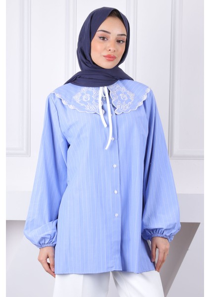 Mavi Yaka Detaylı Gömlek