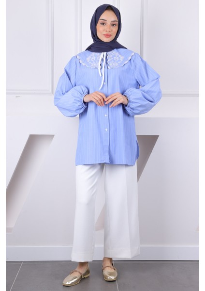 Mavi Yaka Detaylı Gömlek modelleri