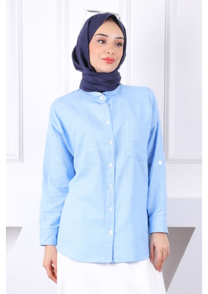 Bebe Mavi Kolu Katlı Düğmeli Keten Gömlek