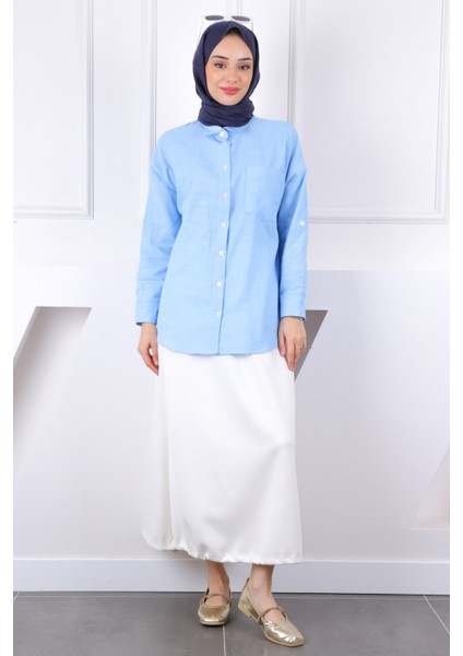 Bebe Mavi Kolu Katlı Düğmeli Keten Gömlek fiyatları