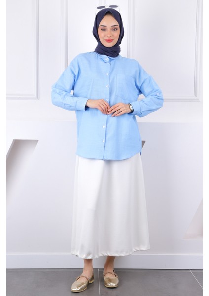 Bebe Mavi Kolu Katlı Düğmeli Keten Gömlek modelleri