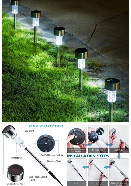 10'li Metal Gövdeli Gün Işığı Beyaz Ledli Solar Güneş Enerjili Bahçe Lambası 30 cm Saplama