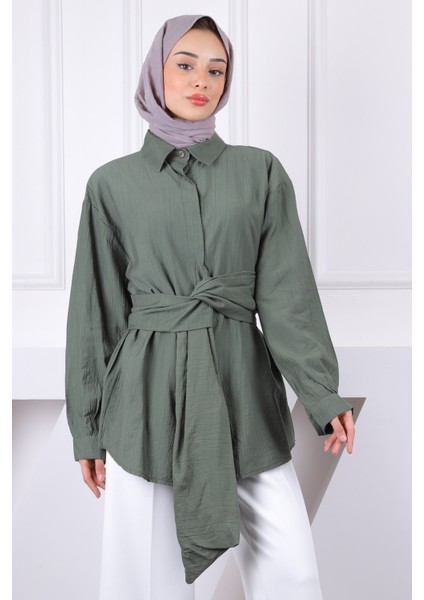 Haki Bel Kuşaklı Modal Gömlek