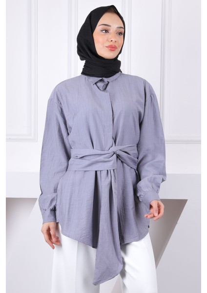 Gri Bel Kuşaklı Modal Gömlek