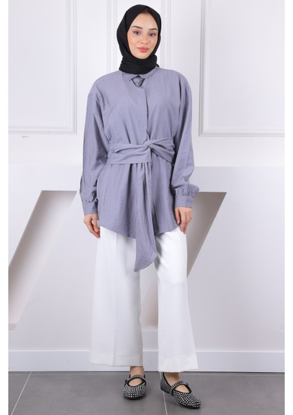 Gri Bel Kuşaklı Modal Gömlek fiyatları
