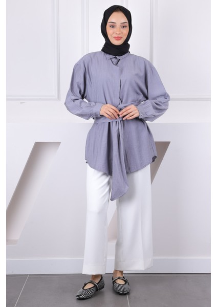 Gri Bel Kuşaklı Modal Gömlek modelleri