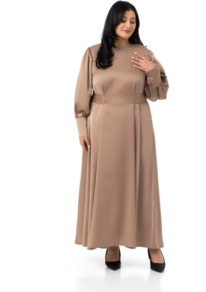 Büyük Beden Büzgülü Kollu Kuşak Detaylı Uzun Saten Vizon Elbise indirimleri