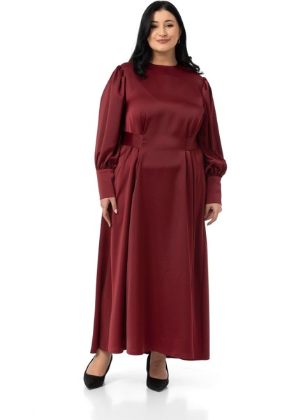 Büyük Beden Büzgülü Kollu Kuşak Detaylı Uzun Saten Bordo Elbise