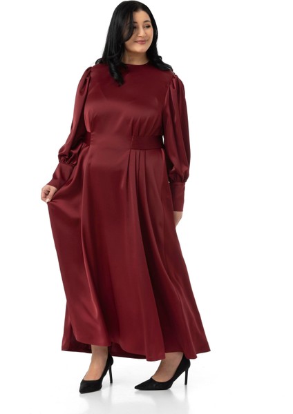 Büyük Beden Büzgülü Kollu Kuşak Detaylı Uzun Saten Bordo Elbise fiyatları