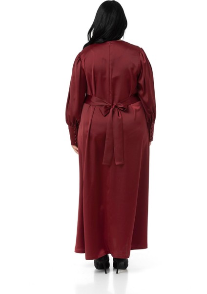 Büyük Beden Büzgülü Kollu Kuşak Detaylı Uzun Saten Bordo Elbise modelleri